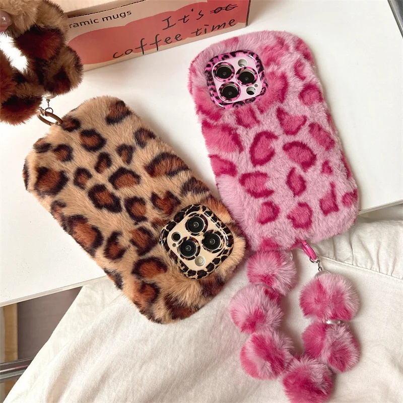 Phone Cases Iphone 13 - Moda Leopar Desenli Tüylü Peluş Lens